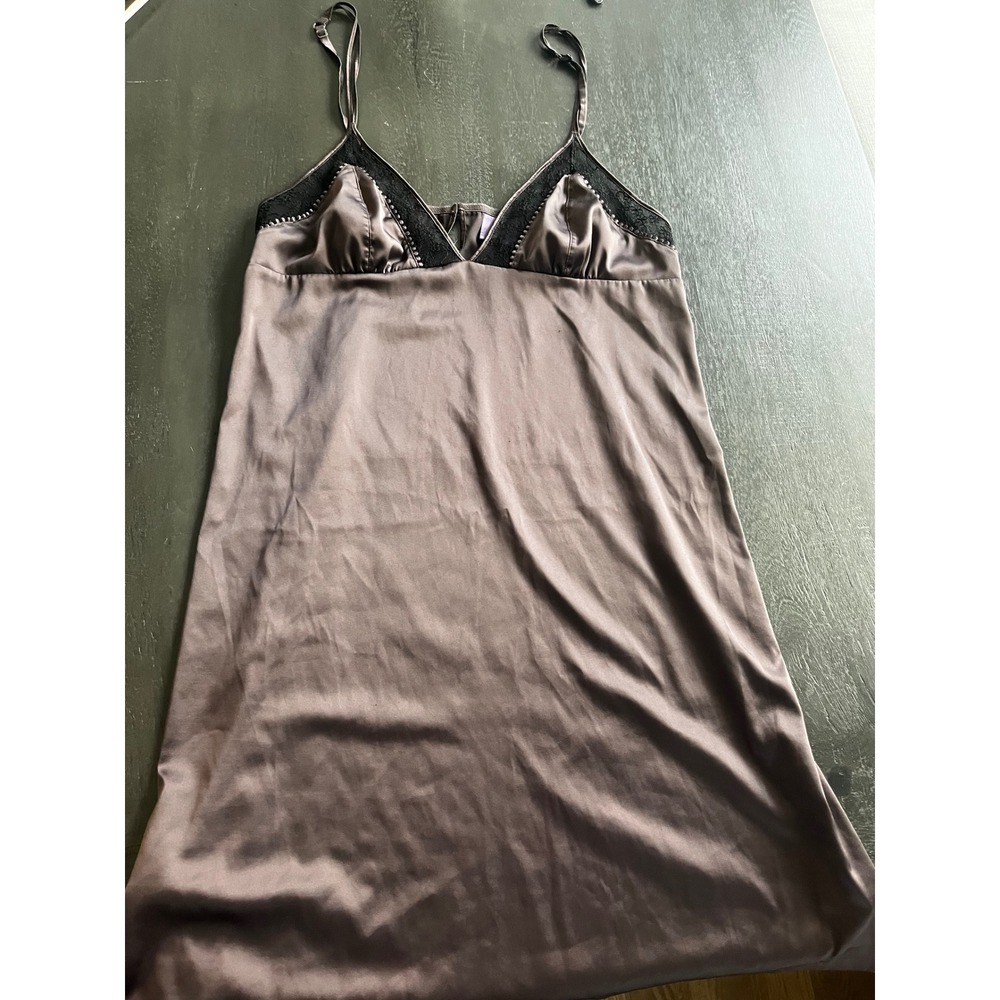 DIM Brown Satin Slip Dress Lace Trim V-Neck Straps Side Slit 4N4W/A/09